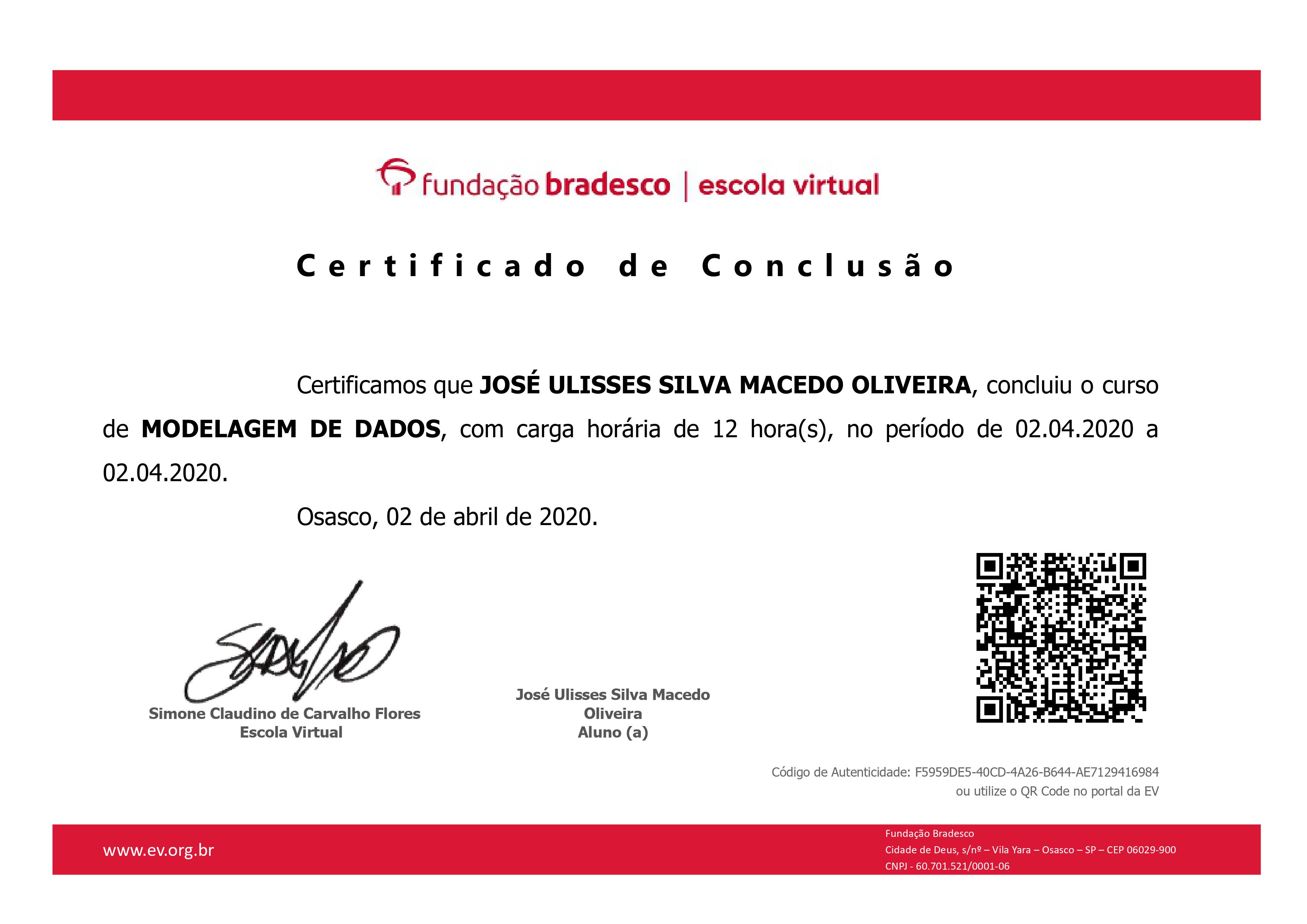 Certificado de Modelagem de Dados da Fundação Bradesco